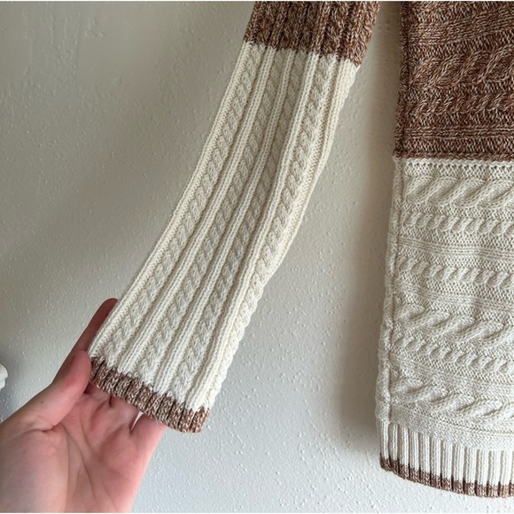 NWT Talbots Brown Cream Cable Knit Mock Neck Cotton Sweater XS Colorblock - Picture 2 of 5